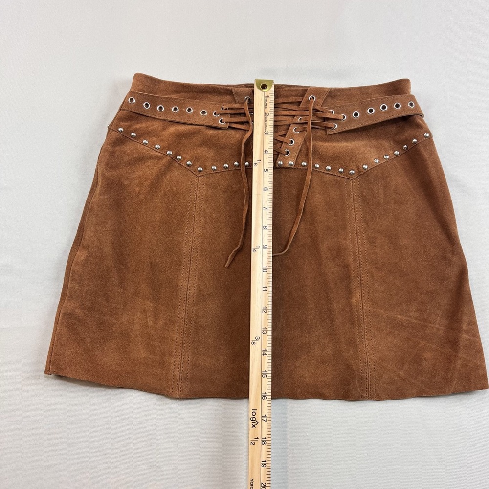 Muubaa 100% Suede Leather Mini Skirt Tan Western Boho Lace‎ Up Stud Detail Sz 10 - Picture 13 of 13